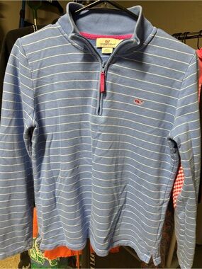 Vineyard Vines Light Blue Stripe 1/4 Zip with Pink Trim